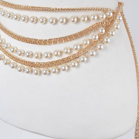 Oversized Layered Faux Pearl and Chain Belt - Picture 7 of 8